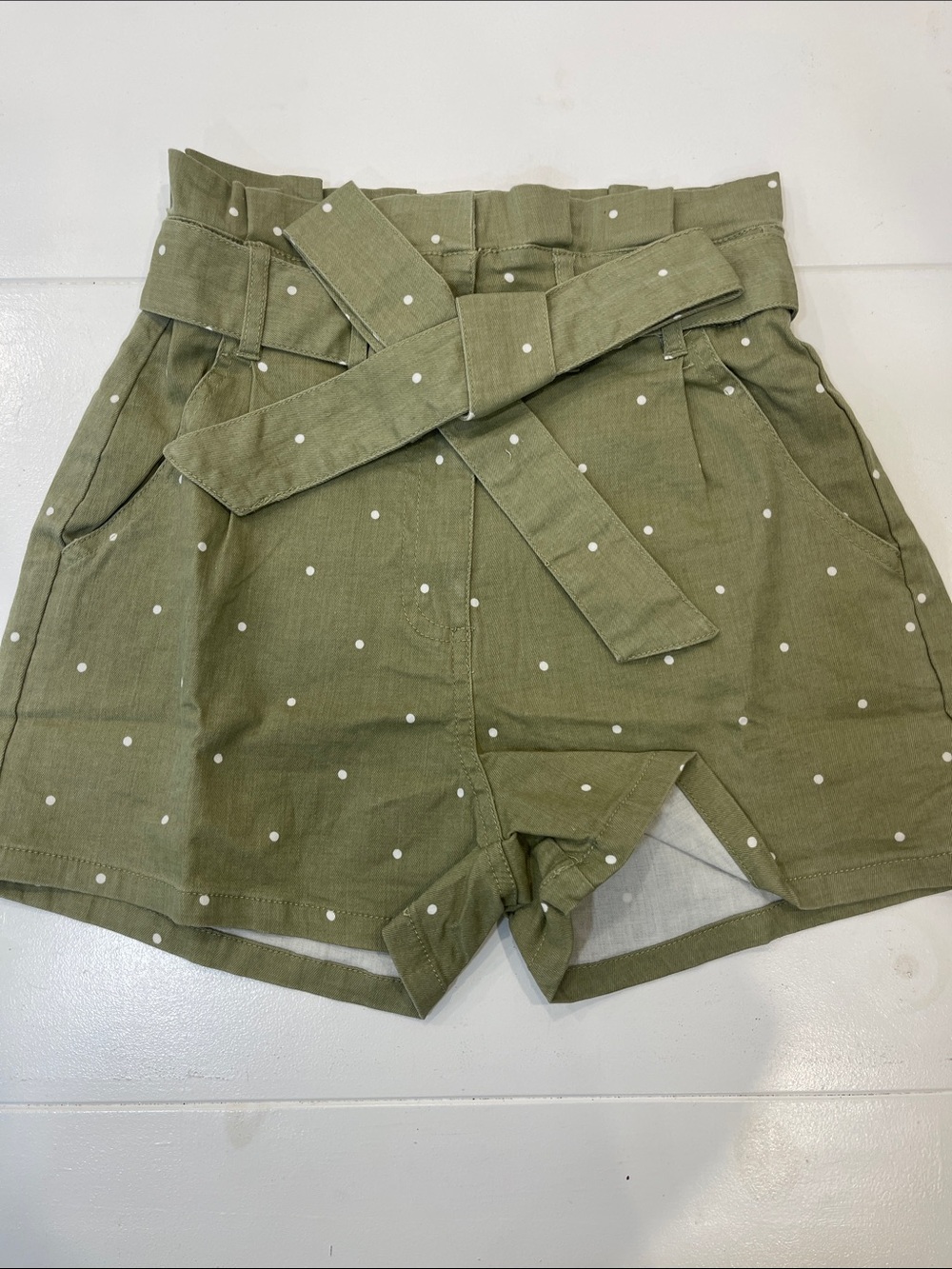 mine Olive Green Polka Dot High-Waist Paperbag Shorts